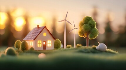 Poster - 夕焼け時の緑豊かな丘の上に建つ家と風力発電機 自然の風景と持続可能なエネルギーの概念