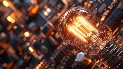 Aufkleber - Close-up of a glowing light bulb against a backdrop of intricate circuit board patterns, showcasing technology