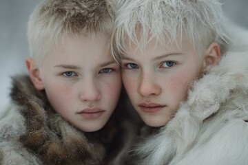 portrait of two blond teenage boys with short hair wearing white fur coats, set against an arctic la