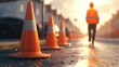 © Shelley - Orange traffic cones on asphalt with blurred worker in uniform walking nearby, symbolizing highway safety and roadwork, close-up with copy space.