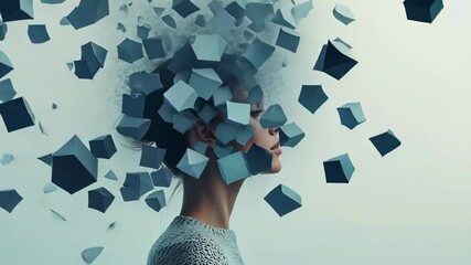 Poster - Female profile experiencing mental energy, geometric shapes scattering dynamically from brain region, symbolizing creativity, innovation, psychological processes against clean white background