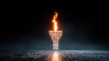 Poster - A digital torch with flames rises from a circuit-like ground, symbolizing innovation and technology.