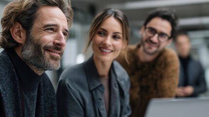 Poster - Three professionals engage in a conversation and share ideas in a corporate office. The dynamic interaction enhances teamwork and collaboration in a modern workspace