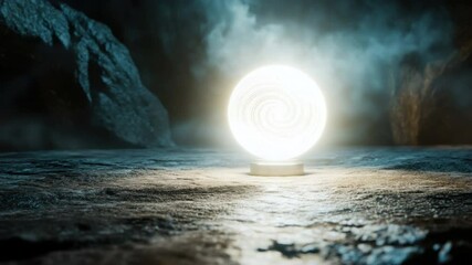 Poster - Ethereal Globe of Light Amidst Dark Cave with Mystical Swirl Reflecting in Enchanting Atmosphere