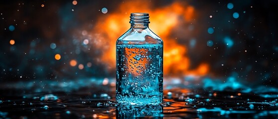 Poster - A sparkling water bottle surrounded by vibrant splashes and bubbles, set against a colorful abstract background
