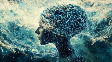 Poster - Surreal depiction of a human head merging with digital elements, symbolizing technology and consciousness