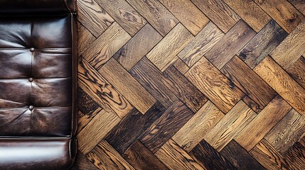 Aufkleber - Elegant wooden herringbone floor with a stylish leather chair, showcasing modern interior design elements