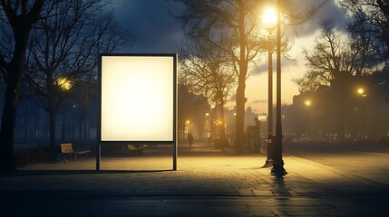 Poster - Empty advertising billboard illuminated at night on a quiet street with trees and benches nearby