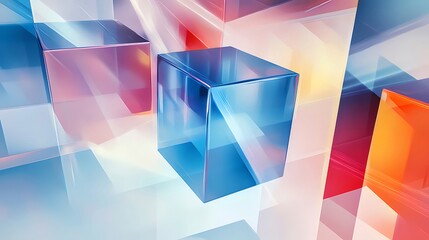 Poster - 透明な青い立方体と赤とオレンジの光と影が織りなす抽象的な背景のデザイン