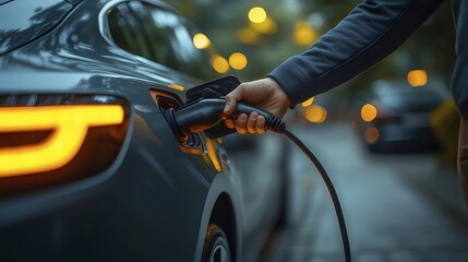 Aufkleber - 電気自動車への充電ケーブル接続する手のクローズアップ 現代都市の背景にオレンジ色の光とグレーの車