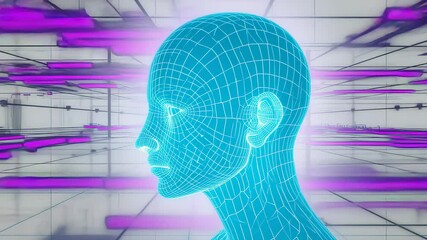 Poster - Wireframe Head in Futuristic Cyberspace