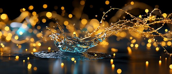 Poster - Splendid water splash with golden bokeh lights creating a magical atmosphere in the background