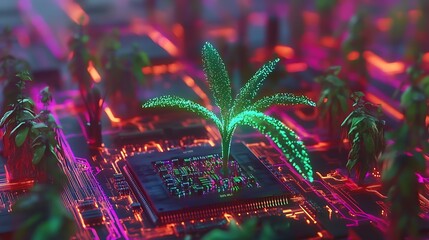Aufkleber - A vibrant green palm tree emerging from a computer chip amidst a futuristic digital landscape