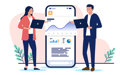 Leinwandbilder - Businesspeople and chart on mobile screen - Two people looking at graph in phone, holding laptop computers and smiling while analysing and reading financial data. Flat design vector illustration