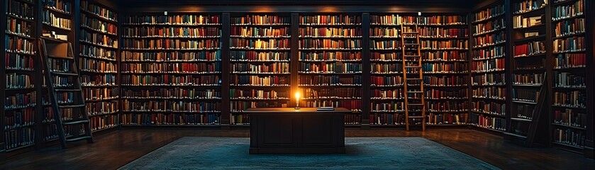 Poster - Cozy library study with glowing candle surrounded by towering bookshelves