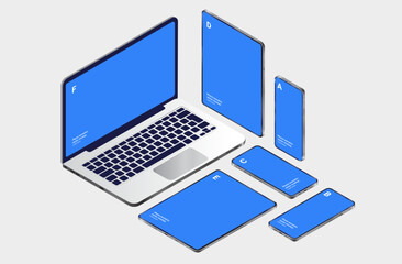 Poster - Vector device isometric collection - Mobile phones, laptop computer, and tablets in various angels, laying down and standing. Semi realistic professional illustration mockup