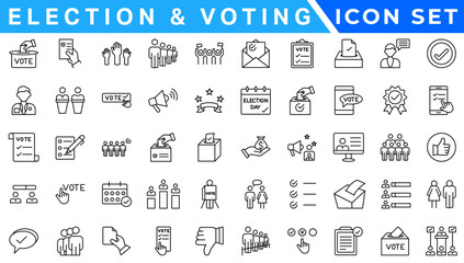 Poster - Election and voting Editable Stroke icon set. Containing democracy, vote, government, voting, campaign, political, ballot, candidate and president icons.