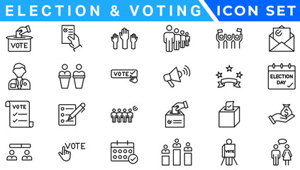 Poster - Election and voting Editable Stroke icon set. Containing democracy, vote, government, voting, campaign, political, ballot, candidate and president icons.