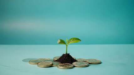Poster - Hand Gently Placing a Sprout on a Pile of Coins