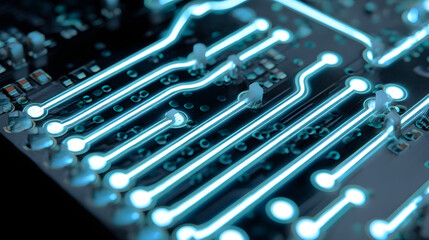 Poster - Electronic Blueprint: Dive into the intricate world of technology, where a digital circuit board pulses with vibrant, luminescent energy, showcasing a macro perspective of modern engineering.