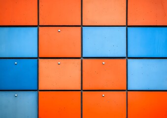 Aufkleber - Colorful geometric wall featuring vibrant orange and blue tiles arranged in a modern pattern