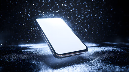 Poster - Smartphone in Spotlight: A sleek smartphone with a bright white screen rests on a dark, textured surface, illuminated by a dramatic spotlight, creating a futuristic and modern feel.