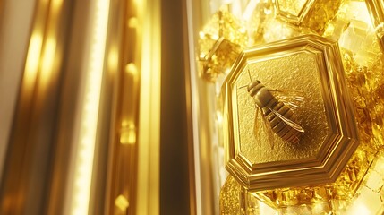 Aufkleber - Close-up of a golden honeycomb with a bee, reflecting light in an elegant interior setting