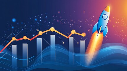 Poster - Rocket launching upwards amidst rising graph lines, symbolizing growth and success in business