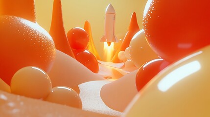 Aufkleber - A rocket launching amidst vibrant, abstract orange and yellow landscapes with smooth, glossy shapes