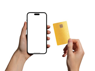 Poster - Bank card and phone mockup. Hand holding smartphone and plastic card with app screen for credit,