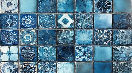 Aufkleber - A vibrant mosaic of blue tiles showcasing intricate patterns and textures, ideal for design use