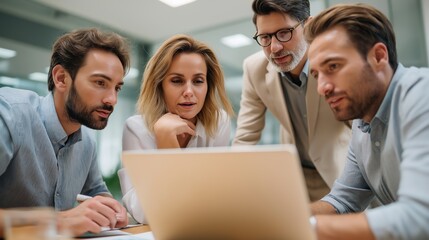 Poster - Groups of business professionals gather around a laptop, discussing strategies and ideas in a contemporary office space filled with natural light during daytime