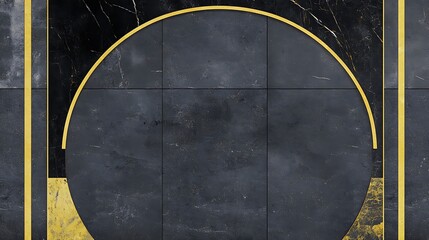 Poster - Modern geometric design featuring dark marble tiles with golden accents and circular elements