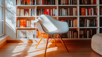 Aufkleber - Modern white chair in a cozy reading nook surrounded by colorful books on shelves, sunlight streaming in
