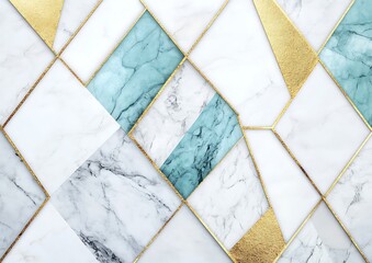 Aufkleber - Elegant geometric marble tile pattern featuring white, teal, and gold accents in a modern design