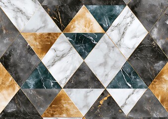 Aufkleber - Elegant geometric marble tile pattern featuring gold, green, and white hues, ideal for interior design