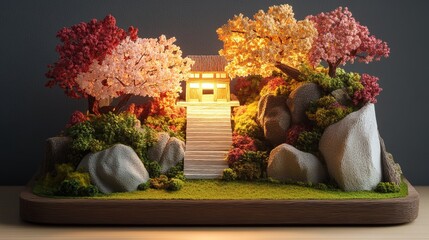 Poster - A Captivating Miniature Landscape Showcasing a Glowing Temple Surrounded by Lush Trees, Rocks, and Moss on a Dark Background in Precise Detail