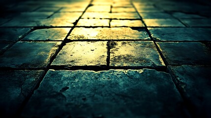 Poster - Close-up of textured cobblestone pavement reflecting warm light in a tranquil urban setting
