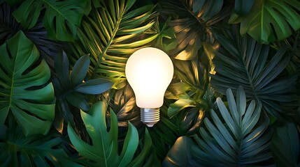 Poster - Illuminated light bulb surrounded by lush green tropical leaves creating a vibrant natural ambiance