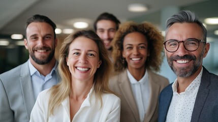Poster - A diverse group of business professionals stands together in a bright and modern office environment, showcasing their camaraderie and success with genuine smiles during a networking event