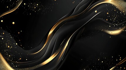 Aufkleber - Elegant black and gold abstract background with flowing waves and shimmering particles for design use