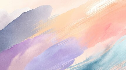 Poster - Elegant watercolor abstract background with flowing soft brush strokes in muted pastel tones of peach, lavender, and aqua, light and stylish for creative presentation designs.