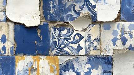 Aufkleber - Detailed view of aged ceramic tiles with blue and white patterns, showcasing wear and historical charm