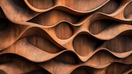 Aufkleber - Abstract wooden wall design featuring flowing curves and waves, creating a warm and inviting atmosphere
