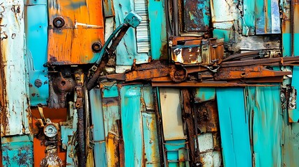 Poster - A vibrant collage of rusted metal panels in turquoise and orange hues, showcasing industrial decay