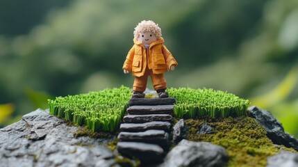 Poster - A miniature clay figure of a child in an orange jacket stands proudly on a tiny stone staircase in a lush mossy rock garden surrounded by greenery