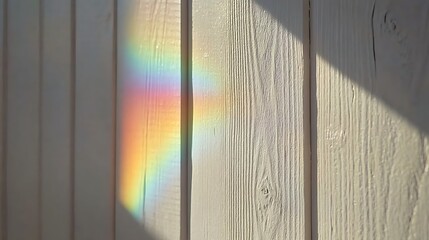 Aufkleber - Colorful rainbow reflection on wooden wall illuminated by sunlight, creating a serene atmosphere