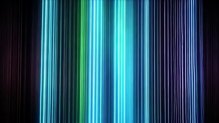 Poster - Abstract glowing vertical light beams on a dark background with digital particles. The bright beams vary in colors from green to blues and pinks.