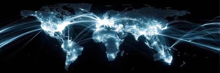 Aufkleber - Glowing Digital World Map With Connecting Parcel Lines Across Continents in a Global Network Visualization Generative AI