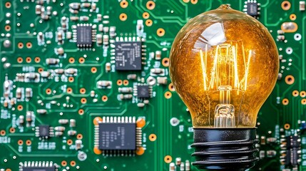 Aufkleber - Vintage light bulb illuminating a green circuit board, showcasing technology and creativity in design